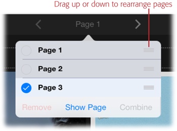 The page menu lets you combine, remove, and reorder the pages in your web journal. When you tap a page in this menu to select it, a blue appears to its left. You can skip to a certain page by selecting it and then tapping Show Page.