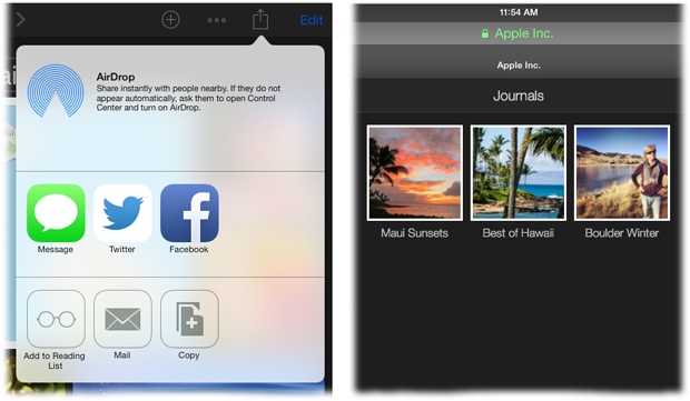 Left: Once you publish a journal to your iCloud account, you can let people know about it in a variety of ways.Right: Journals you include on your iCloud Home page appear as thumbnails, like the ones shown here in Safari. Just click a journal to view it.