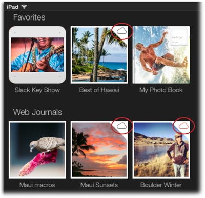 Journals you publish to iCloud get the special cloud symbols circled here. A cloud with a black outline means you created the journal on that particular device and therefore you can edit it. A cloud with a red outline means you created the journal on a different device, so you can’t edit it on this one.