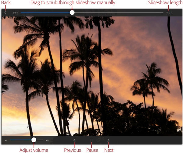 Tap your screen while a slideshow plays to reveal these controls. They let you view the previous or next image, pause/play the show, change the music’s volume (if there is any), or scrub through the show by dragging the slider labeled here. You can also swipe left or right to view the previous or next image (respectively).
