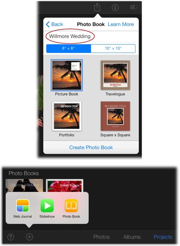 Top: This pane lets you name your book; just tap Photo Book Name and then type anything you want (circled). When you’re finished, tap Done on your iPad’s digital keyboard. Pick a size by tapping 8″ x 8″ or 10″ x 10″, and then tap one of four themes.Bottom: By using the Add menu in Projects view, you can create a blank book that you fill with pictures manually.