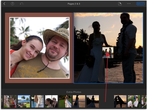 You can think of Extra Photos as a waiting area for photos that haven’t yet been used on a book page. If you remove a photo from a photo box or add multiple photos to your project, they land here. To place one of these pictures, drag it onto a photo box.
