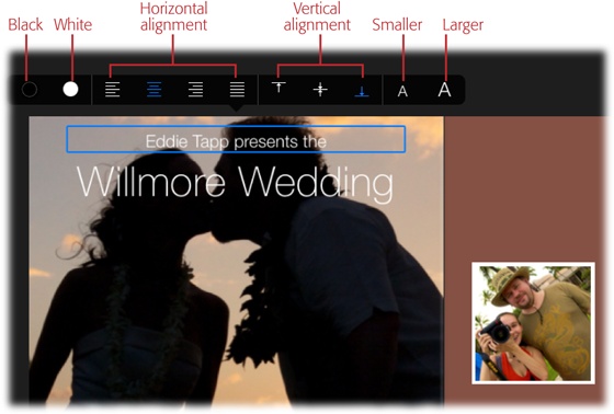 iPhoto gives you a choice of text colors (black or white), as well as horizontal and vertical alignment options. You also get two buttons that let you make the font size smaller or larger; taps on these two buttons are cumulative—keep tapping to get the size you want.Happily, there’s no need to highlight text before changing its formatting.