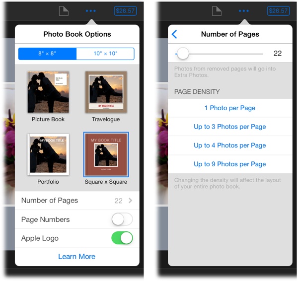 Left: The Photo Book Options pane lets you include a tasteful, light-gray Apple logo on the last page of your book…or not.Right: Tapping “Number of Pages” reveals this pane, which lets you control how many pages are in your book as well as how many photos appear on each page. When you tap an option in the Page Density section, iPhoto reflows your photos to reflect your pick.