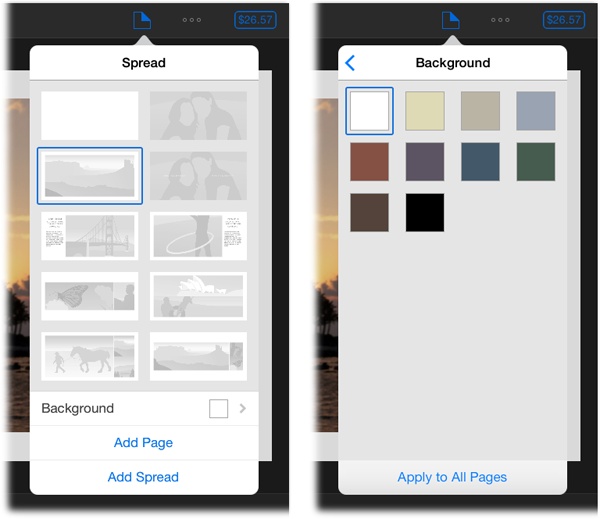 Left: The book options pane lets you change page-layout options, as well as add a single page or a two-page spread to your book project. Tap Background to reveal the pane shown at right.Right: To apply a new background color to all the pages in your book, tap a color swatch, and then tap “Apply to All Pages.”