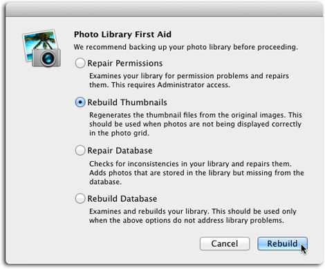 These maintenance procedures solve all kinds of iPhoto library corruptions; they’re listed in the order of potential destructive power, and the time it takes to run them.