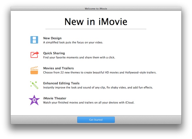 When you first open iMovie, you get a list of the program’s new features. Click Get Started to, you know, get started.