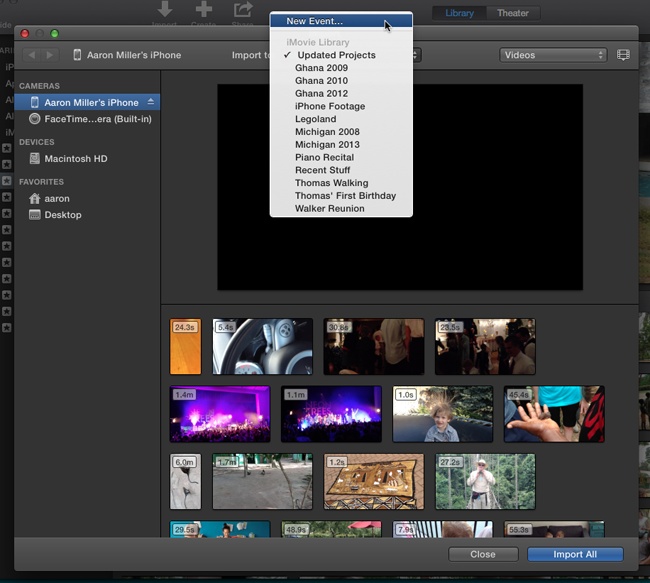 iMovie’s Import window. Before you import a clip, be sure to choose the right destination event from the “Import to” menu. If you don’t see an event you like, choose New Event to name and create one.