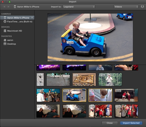 Before you import video from an iPhone, iPad, or iPod Touch, iMovie shows you all the clips on the device. Choose the clip(s) you want to import, select a destination event, and then click Import Selected.