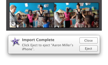 Top: As iMovie imports your clips, it displays a progress disc (lower-left corner).Bottom: Once iMovie finishes the import, it lets you know that it’s safe to disconnect your iDevice.