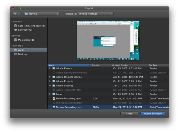 You can import files from the Finder, too. Navigate to the folder that holds your video clips, select them, and then click Import Selected.