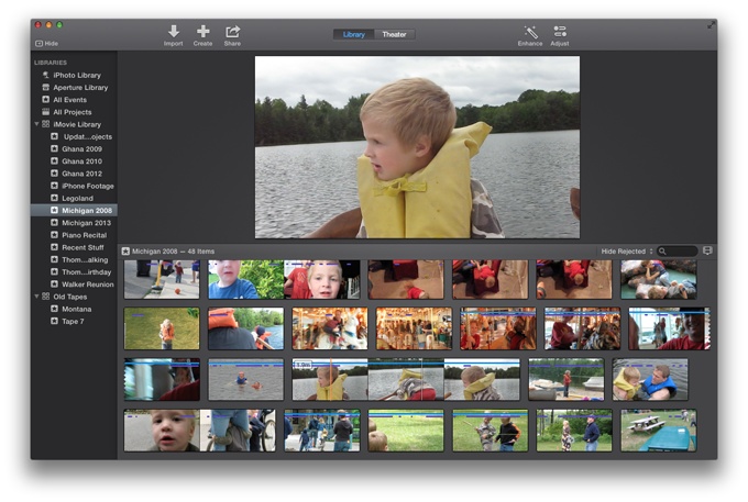 When you click an event name (from the list on the left), iMovie shows you all the video clips in the event.