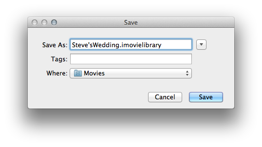 When you create a new library by selecting File→Open Library→New, iMovie prompts you to name it.