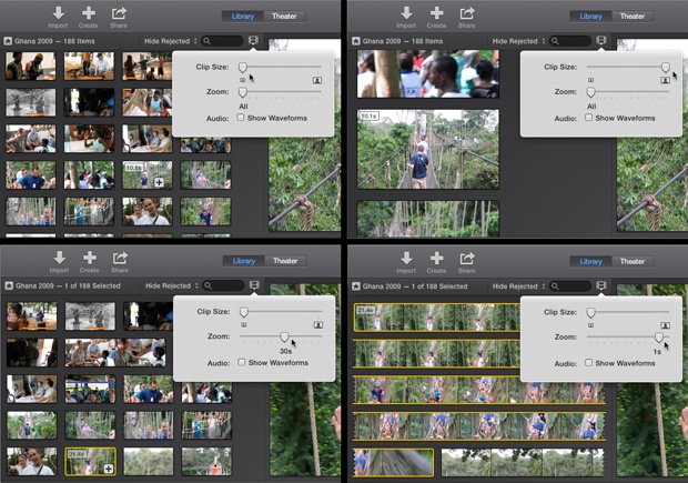 When you click the filmstrip icon in the Event browser, iMovie opens a “slider” window.Top: The Clip Size slider (left) changes the height of your filmstrip (right). (To see the audio that accompanies a clip, turn on the Show Waveforms checkbox.)Bottom, left: Adjust the Zoom slider to see more frames of each strip. The highlighted clip (look for the yellow border) lasts about 22 seconds, and because you have the Zoom slider set to 30 seconds, you see just one frame of the clip.Bottom, right: When you set the slider to display 1 second of video per frame, the clip becomes, sensibly enough, 22 frames wide.