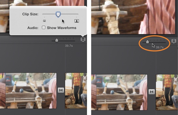 The Clip Size and Zoom sliders as they appear in the project storyboard. Notice how the Zoom slider (circled, right) lives outside the filmstrip icon this time.