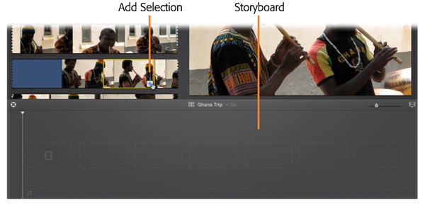 When the storyboard area is fresh and new, all you see are faint outlines representing what your project can become. Clicking the Add Selection button, dragging in a selection, or simply pressing the letter E key, starts to fill it up.