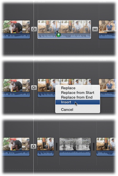 Top: To insert a clip in the middle of another clip, drop it on top.Middle: Choose Insert from the menu that appears.Bottom: iMovie splits the underlying clip in two and nestles the new clip in between.