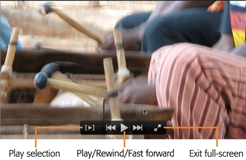During full-screen playback, if you wiggle your mouse, you get the navigation tools shown here. Notice the handy Play Selection button on the left side.