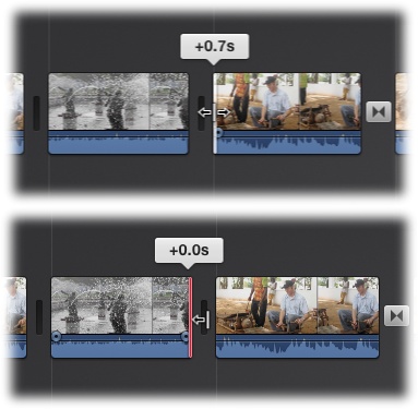 Top: You’re resizing this clip in the storyboard; the bubble tells you how many seconds you’re adding to the movie.Bottom: This clip has hit the end of the road (or the end of the original clip, anyway), so there’s no more footage to add.