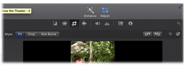 The cropping options in iMovie’s Adjust tool. Choose Fit instead of Crop to see all of a clip shot with a non-16:9 aspect ratio. (The Ken Burns style is discussed on page 217.)