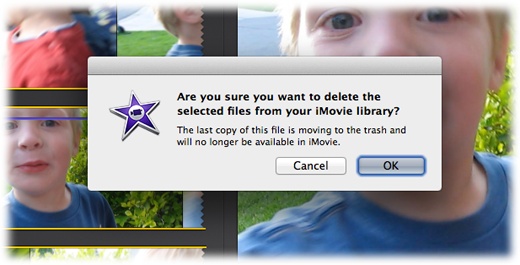 When you delete the last copy of a clip from the Event browser, iMovie makes sure you know that you won’t be able to use that clip anymore. It also warns you when you delete a clip from a project if that clip isn’t in the Event library anymore.