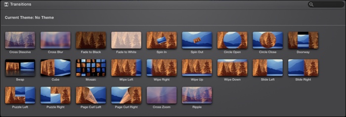 The Transitions library, where you can view, skim, and place all the transitions available in iMovie.