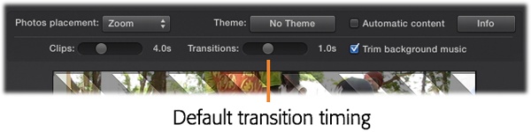 To set a transition duration, choose Window→Movie Properties, and then click Settings. In this window, drag the slider to indicate how long you want each transition to last. The setting applies to future transitions only.