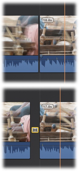 When you insert a 2-second transition between two clips, iMovie overlaps each clip by 1 second. Notice how the right-hand clip is now a second shorter? A transition shortens each clip, so the entire movie is now 2 seconds shorter.