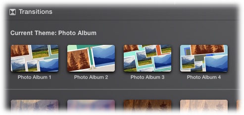 When you choose a theme for your project, iMovie offers up to four custom transitions; choose one, and the program includes it in the mix of stock transitions it adds to your project. If you don’t like the theme itself, go to Window→Movie Properties→Settings (page 41) to change it.