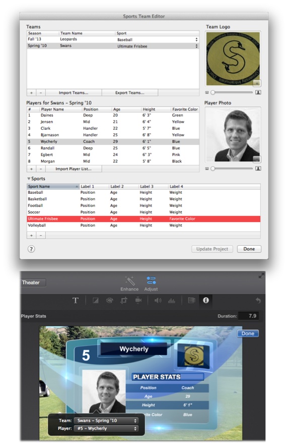 Top: The Sports Team Editor is where you keep track of all the teams you want to make movies about. You can make team rosters, add player pictures and stats, and even drop in your team’s logo.Bottom: Once you complete your roster, add one of the custom Sports titles to your movie and you can choose from the player list to make a broadcast-worthy graphic highlighting that player.