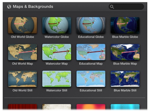 At the top of the Maps & Backgrounds pane are eight animated map options—four globes and four flat maps—to choose from. To add one to your project, just drag it in.