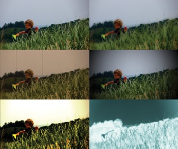 Most of iMovie’s video effects are really video filters, each of which adds a unique style to a clip. This image demonstrates some of the effects. Clockwise from top-left: The original clip, Cartoon, Vignette, X-Ray, Heat Wave, and the much-adored Aged Film.