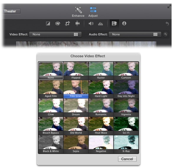 Top: To find iMovie’s video effects, select Adjust in the toolbar.Bottom: The effects generally affect the color and clarity of your clips. You can preview them by selecting an effect. To implement one, click the effect’s thumbnail.