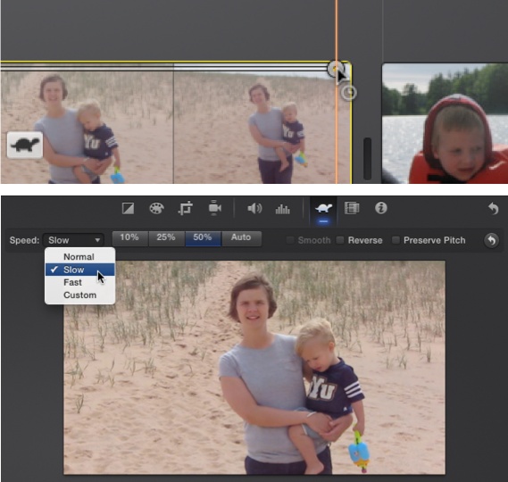 Top: Drag the Speed Editor dot to change the playback speed of a clip.Bottom: You can also use the Speed Editor in the Adjust tools to choose or type in a new speed (and to reverse a clip and preserve its audio pitch). Once you make an adjustment using the speed dot, you’ll see a bunny or tortoise button on the clip. Click that to go straight to the Speed Editor. If you don’t see a button, click the speed line once to use the tool in the Viewer.