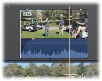 Once you connect a clip, you can drag it around so that it makes its entrance at any point in your movie. Also notice the little blue and gray adjustment handles. They change how quickly the clip (upper) and its audio (lower) fades in and out in relation to the clip below it. (The video cues work only in tandem, while the audio cues work independently.) A blue handle means there’s no fade; a gray one means there is some fade.