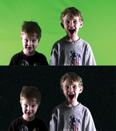 Top: This is what your kids look like in front of a green screen.Bottom: This is what your kids look like hurtling through space. Pretty cool.