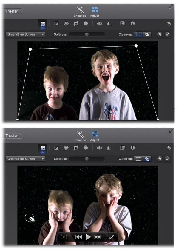 The Green/Blue Screen options let you “soften” (blur the edges of) the superimposed clip using a slider.Top: The “Clean-up” tool lets you crop out part of the background, in case it isn’t all green.Bottom: The eraser tool lets you clean up trouble areas caused by bad lighting, wrinkles, or other inconsistencies in your background.