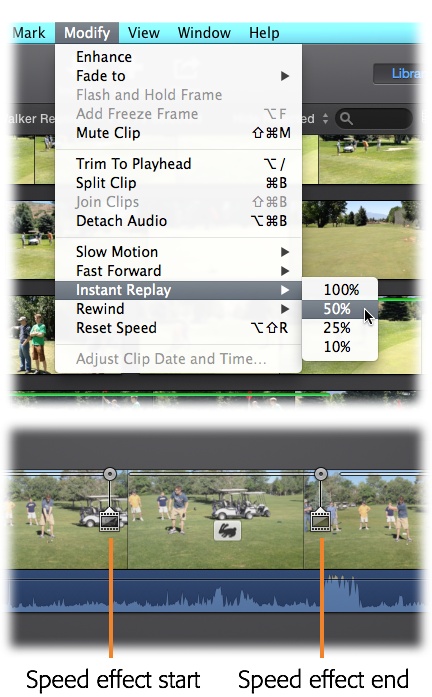 Here’s how you create an instant replay.Top: Either select part of a clip or position your playhead on the spot you want to replay and then choose Instant Replay from the Modify menu.Bottom: iMovie automatically creates a slo-mo instant replay that you can adjust to your liking.