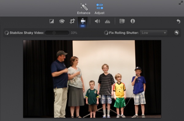 The Stabilization tool in the Adjust toolbar offers two choices. The first stabilizes camera shake, and the second fixes rolling shutter problems (a.k.a. “jellyroll”). Turn on either checkbox (not shown) and you see these little spinners instead of the checkboxes—which let you know iMovie’s analyzing your clip so it can apply fixes.