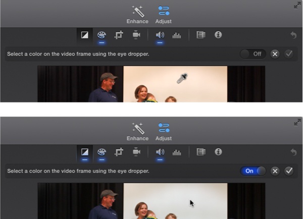 Top: With the White Balance tool open, pick a spot in your clip that should look white (like the projector screen shown in this image) and then use the dropper to select it.Bottom: iMovie adjusts the clip’s colors so that the white part looks white and every other color matches as it should.