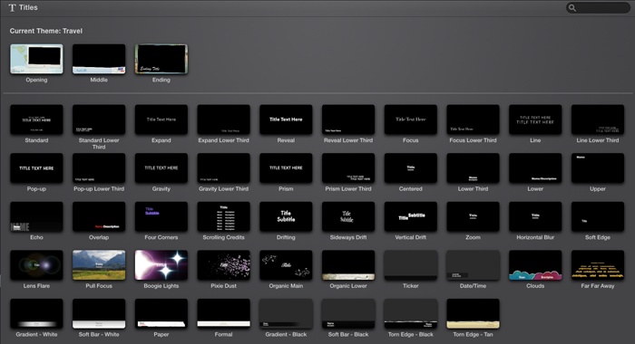 The icons here represent iMovie’s various title styles. Apple gives you more than 50 to choose from.