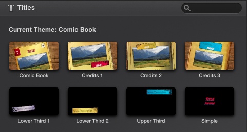 If you added a theme to your project (page 96), you’ll see customized theme titles to go along with iMovie’s stock offerings. Each is designed around the theme’s style. This movie uses the Comic Book theme, for example.