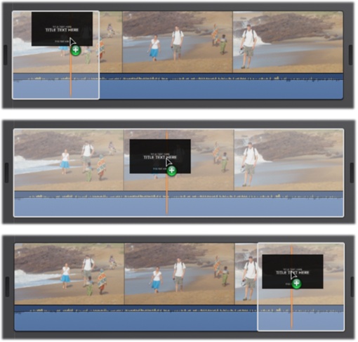 As you drag a title onto a clip, iMovie previews its position and duration with white highlighting. The title snaps into three positions relative to the clip, shown in these examples.Top: If you drag toward the beginning of the clip, the title covers the first 8 seconds of it.Middle: If you drag over the middle, the title covers the entire clip.Bottom: If you drag toward the end of the clip, the title covers the final 8 seconds of it. Of course, you can adjust any of these durations later.