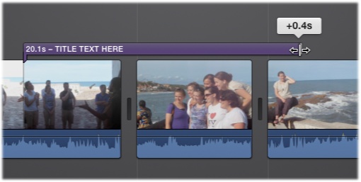 When your cursor approaches either end of a title stripe, it changes to a double-headed arrow. That’s your cue that it’s OK to start dragging the stripe’s endpoint to make it longer or shorter. You can drag the stripe so that it spans multiple clips.