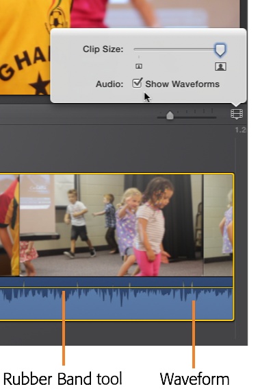 Behold the once-missed rubber band! To see a clip’s waveforms and this handy little audio tool, turn on the Show Waveforms checkbox.