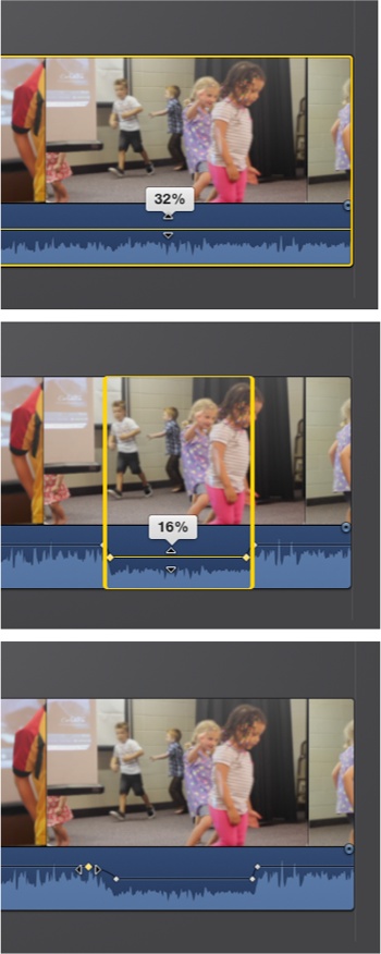 Top: If you drag the entire rubber band up or down, iMovie shows you the new volume level in a floating window.Middle: To adjust the volume for just part of a clip, click and hold the mouse button down until you see a yellow line. Drag the line to select the part of the clip you want; as you do, the line changes to a highlight box. Now you can drag the rubber band inside the box to change the volume for that part of the clip only.Bottom: To adjust the fade for volume changes, making them gradual or abrupt, grab the small yellow diamond on either side of the volume change. Drag them outward to fade gradually, inward to fade abruptly.