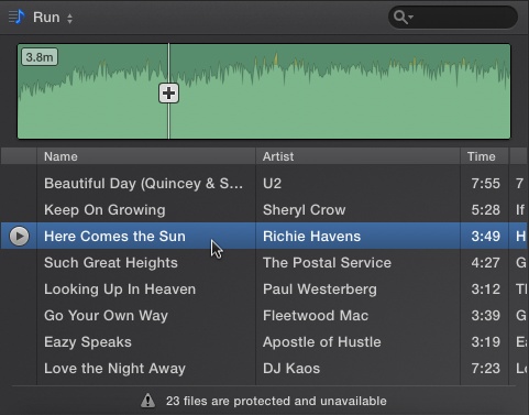 The music browser. This image shows your iTunes library, which you can see without having to open iTunes itself. You can winnow the song list using the search field, and preview songs here as well.