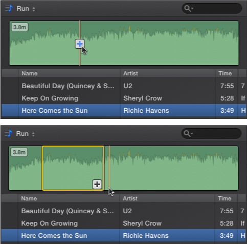 Top: To add a song to your project, drag it from the list into your storyboard, or click the + button (pictured).Bottom: To add just part of a song, drag in the waveform to select the section you want, and then click the + button; iMovie adds just that part to your project.