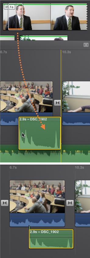 Top: Highlight part of a filmstrip in your Event browser, and then drag the selection below a video clip in your storyboard. Before you let go, iMovie illustrates that you’re adding just the audio portion of the clip by displaying its green waveform.Bottom: The video’s audio appears as a connected clip, which you can manipulate just like any other audio clip: delete it, shorten it, trim it, move it, and so on.