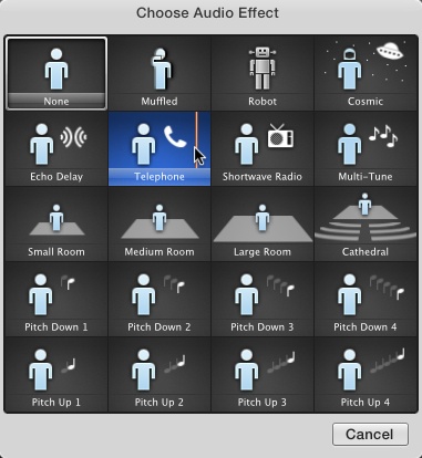 iMovie offers a range of audio effects, from muffled to cosmic and from mannish to mousy. Note the stick figures illustrating what each effect does.